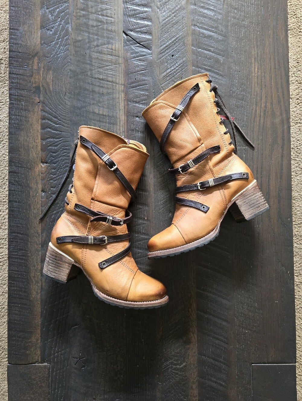 Freebird by Steven Tan Leather Buckle Mid-Calf Heeled Boots Cora Size 9